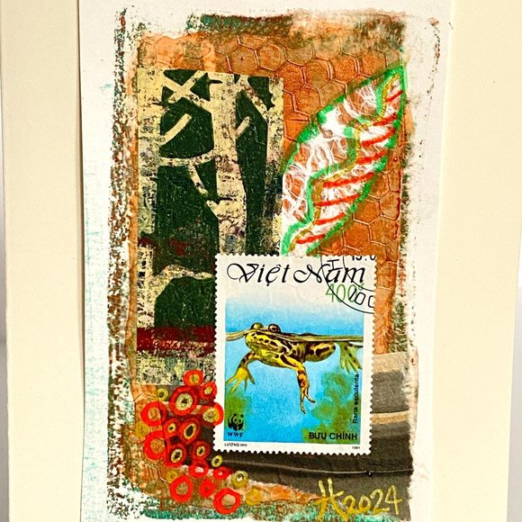 Collage Art Handmade Original Blank Greeting Card and Envelope Vietnam Postage - Picture 1 of 5